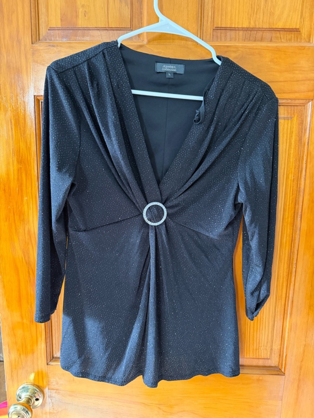 dressbarn Black Sparkle V-Neck Long Sleeve Top with Ring Detail